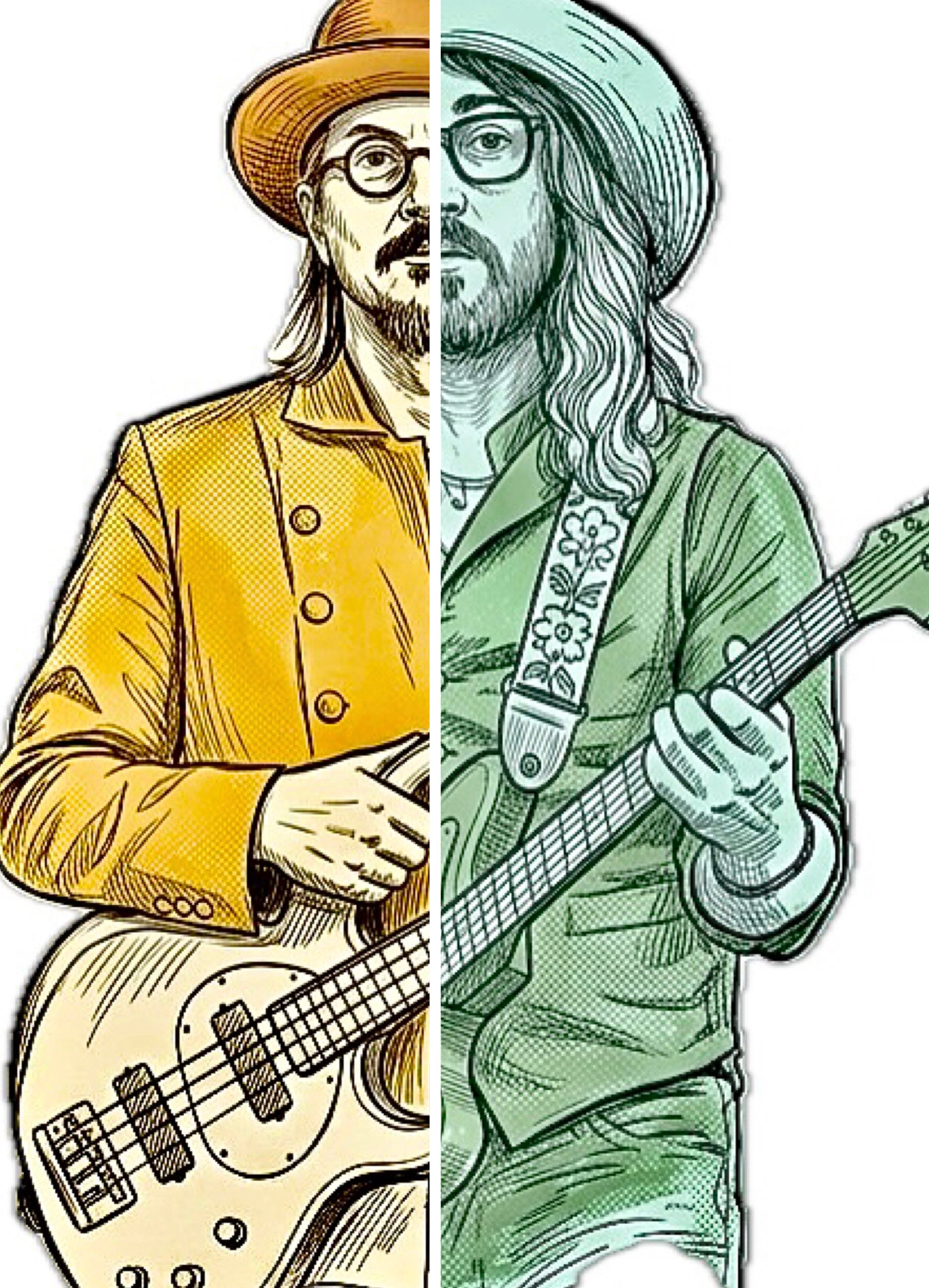 (Pre-Order) Rustic Claypool and Rustic Lennon in Yellow and Teal - 3” die cut - Shiny - Sticky